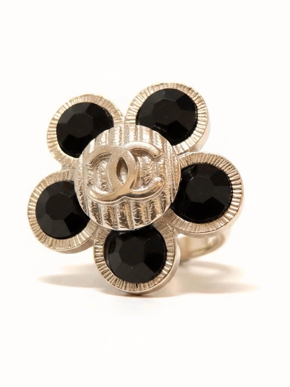 CHANEL Camelia Flower Ring with Black Faceted Stones